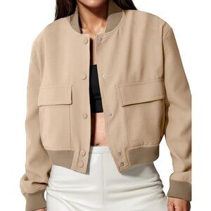 Womens  Khaki Spring Varsity Bomber Jacket Cropped Button Down Casual Coat